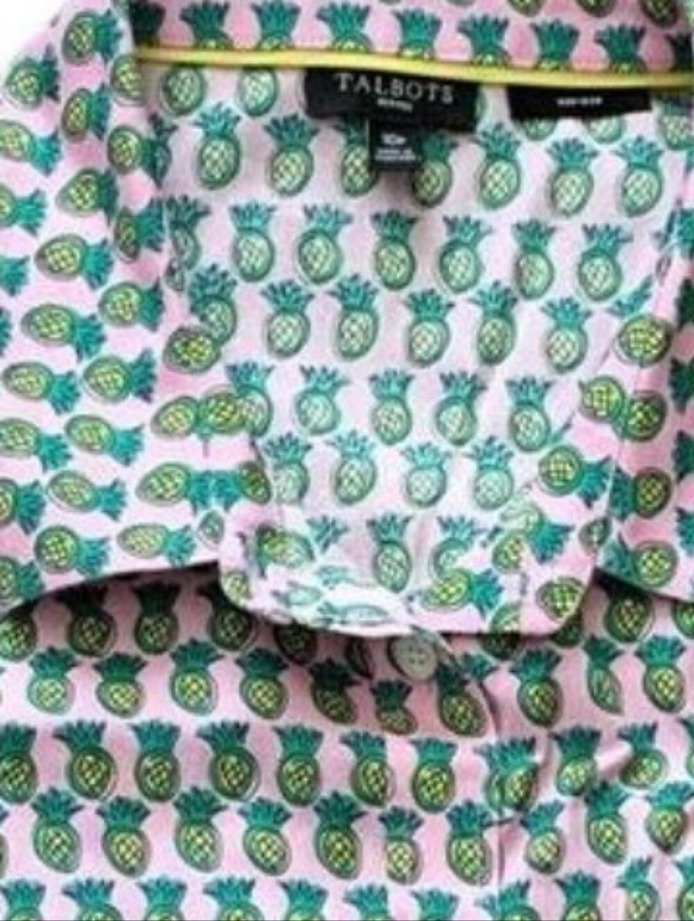 Talbots Pink Button-Down Shirt with Green Pineapple Pattern
